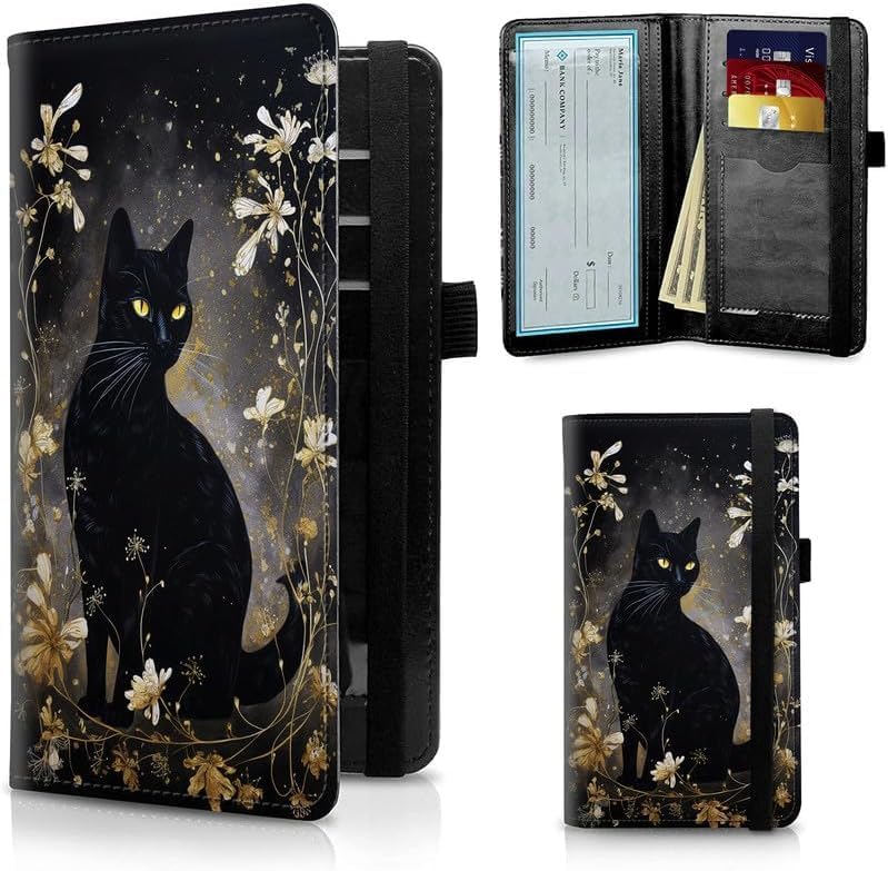 FUYOCWE Leather Checkbook Covers for Men Women Check book Holder Cover Wallets for Personal Checkbook Duplicate Checks with RFID Blocking & Elastic Strap,Black Cat with Gold Floral - Image 1